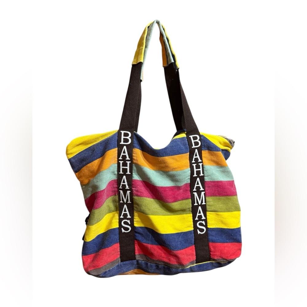 Bahamas Colorful Striped Canvas Tote Bag with Zipper Top Travel Beach‎ Bag